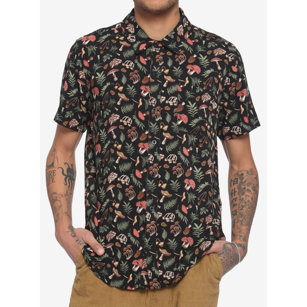 Hot Topic Mens Mushroom Woods Woven Button-Up Medium Nature Print Grunge Goth